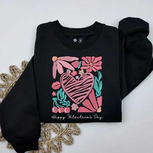 Leopard Pink Heart Embroidered Sweatshirt, Boho Floral Embroidered Sweatshirt, Gift for Her, Valentines Day Gift...