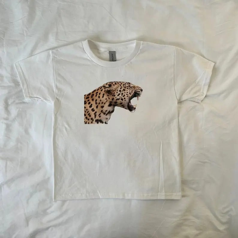 Leopard Roar Baby Tee, Ahs style, Streetwear fashion, Animal Print aesthetic, Leopard print, Y2K clothing, 90s style baby tee