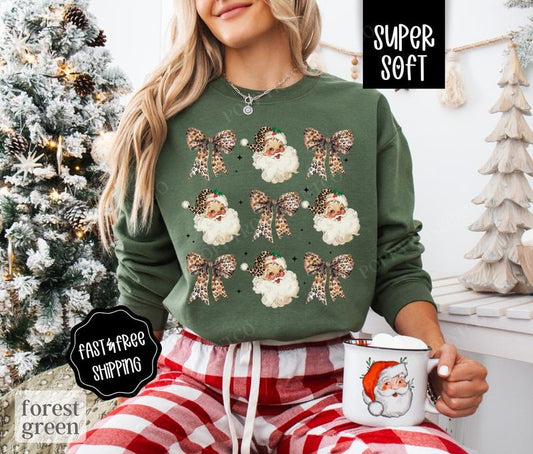 Leopard Santa Christmas Sweatshirt, Christmas Boots Sweater, Women's Holiday Crewneck