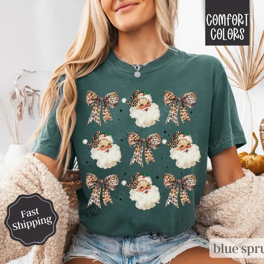 Leopard Santa Shirt Comfort Colors Holiday Tshirt,  Christmas Tee, Women's Holiday Tee