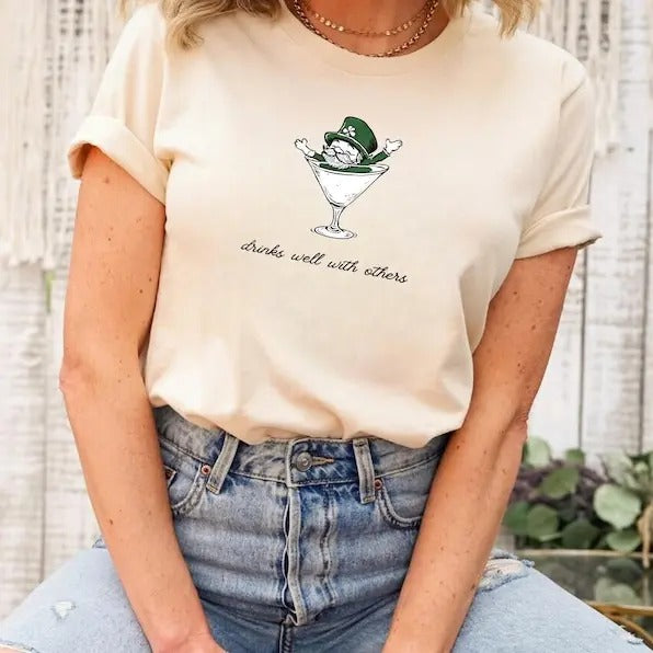 Leprechaun Martini Cocktail St Patrick's Day Womens Tee, Vintage Illustration St. Patty's Day Baby Tee, Vintage Aesthetic Retro Cool