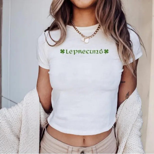 Leprecunt Women's Baby Tee, Y2K 90s Aesthetic, Trendy Retro, Irish Drinking Shirt, St. Patrick's Day Crop Top, Funny Irish Tee for Women