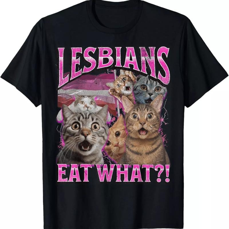 Lesbians Eat What?! Funny Cat Gay Pride LGBTQ Pun Bootleg T-Shirt, Cute Cat Shirt, Love Cat Tshirt, Unisex Graphic Tees Gothic Grunge Y2K Emo Scene Amity Affliction Style Clothes Menswear Womenswear Streetwear