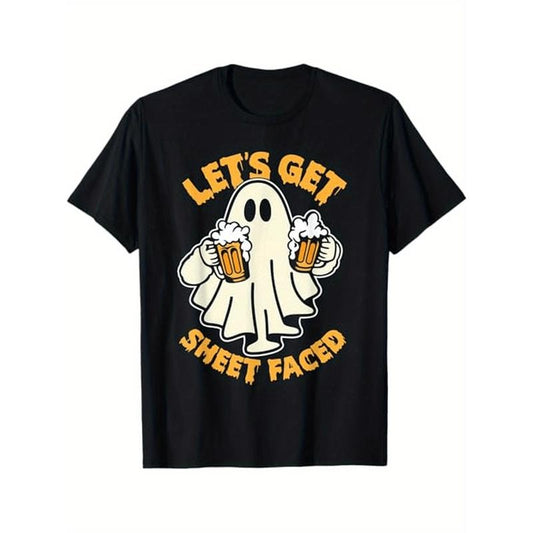 Let's Get Sheet Faced Funny Ghost Drinking Beer Halloween T-Shirt, 100% Cotton, Gift for Men Women Dad Mom Friends,...