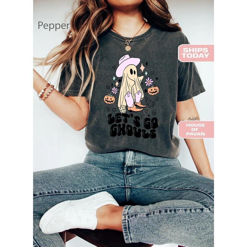 Let's Go Ghouls Vintage Halloween Fall Shirt Witchy Black Cat Hocus Pocus Vintage Ghost Howdy Spooky Graphic Tees For Women Boot TK43GN