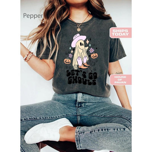 Let's Go Ghouls Vintage Halloween Fall Shirt Witchy Black Cat Hocus Pocus Vintage Ghost Howdy Spooky Graphic Tees For Women Boot TK43GN