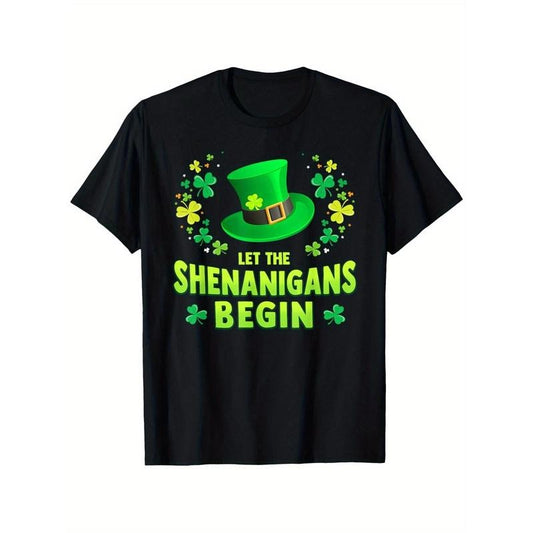 Let the Shenanigans Begin! Funny St. Patrick's Day T-Shirt for Men & Women - 100% Cotton, Black with Green Shamrock Design, Casual Outdoor Tee, Sizes S-XXXL, Casual Wear Tee | Leprechaun Theme Shirt | Knitted Fabric made in usa
