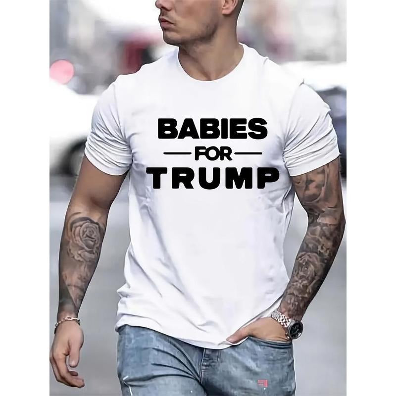 Letter Print T-shirt Men's Casual Street Style Summer And Autumn Slightly Elastic Round Neck T-shirt Made in USA