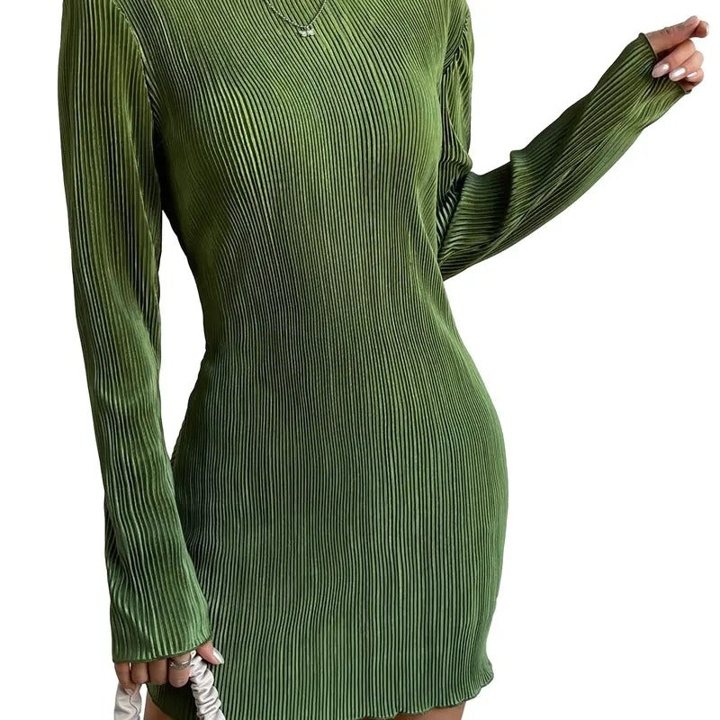 Lettuce Trim Boat Neck Dress Elegant Bodycon Long Sleeve Pencil Mini Dress