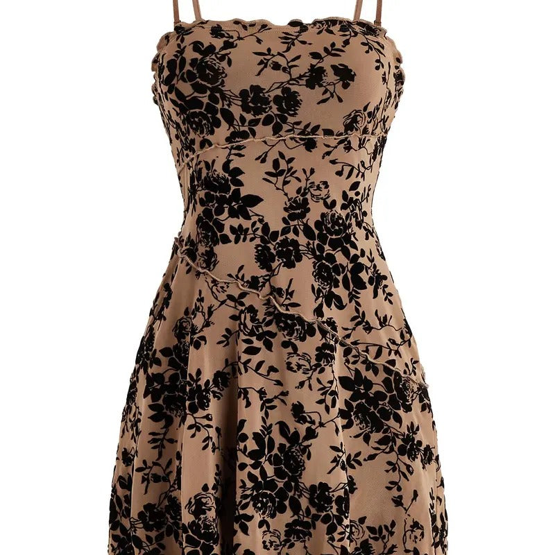 Lettuce Trim Floral Print Mesh Sleeveless A Line Short Cami   lightweight dress
