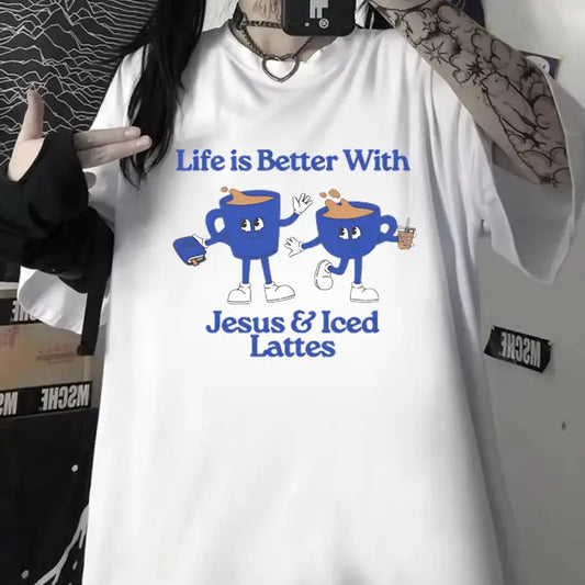 Life Is Better With Jesus & Iced Lattes Unisex Washed T-Shirt