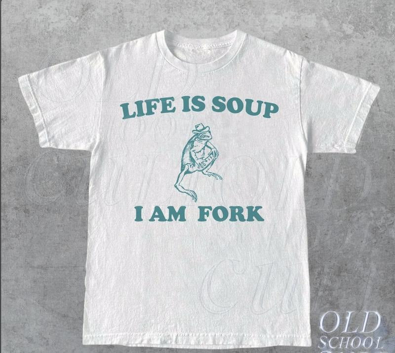 Life Is Soup I Am Fork Frog Graphic T Shirt, Unisex Funny Retro Shirt, Funny Frog Meme Tee, Vintage Style Relaxed Cotton Shirt, Frog Lovers Menswear Top Underwear