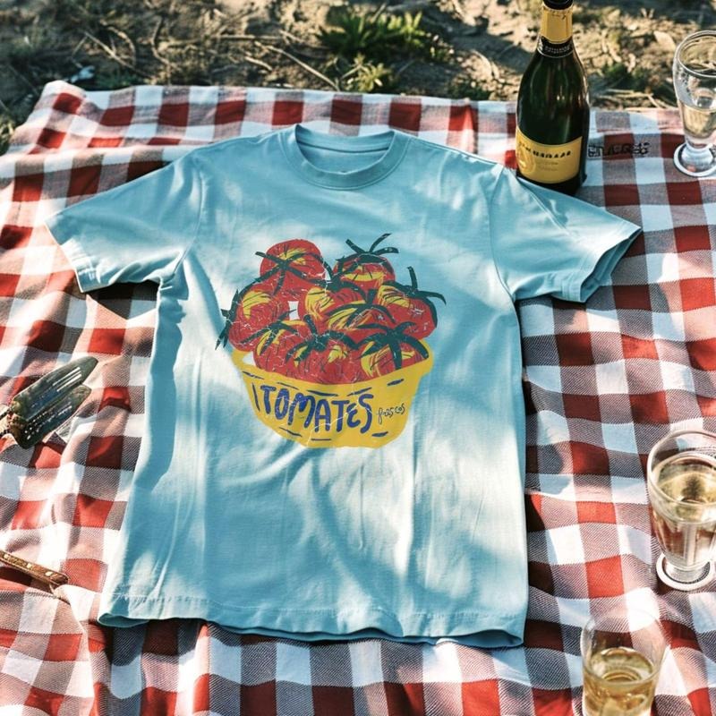 Light blue T-shirt with vibrant tomato basket graphic, artistic hand-drawn style, casual fashion statement, comfortable summer wear, unique gift, stylish picnic outfit.