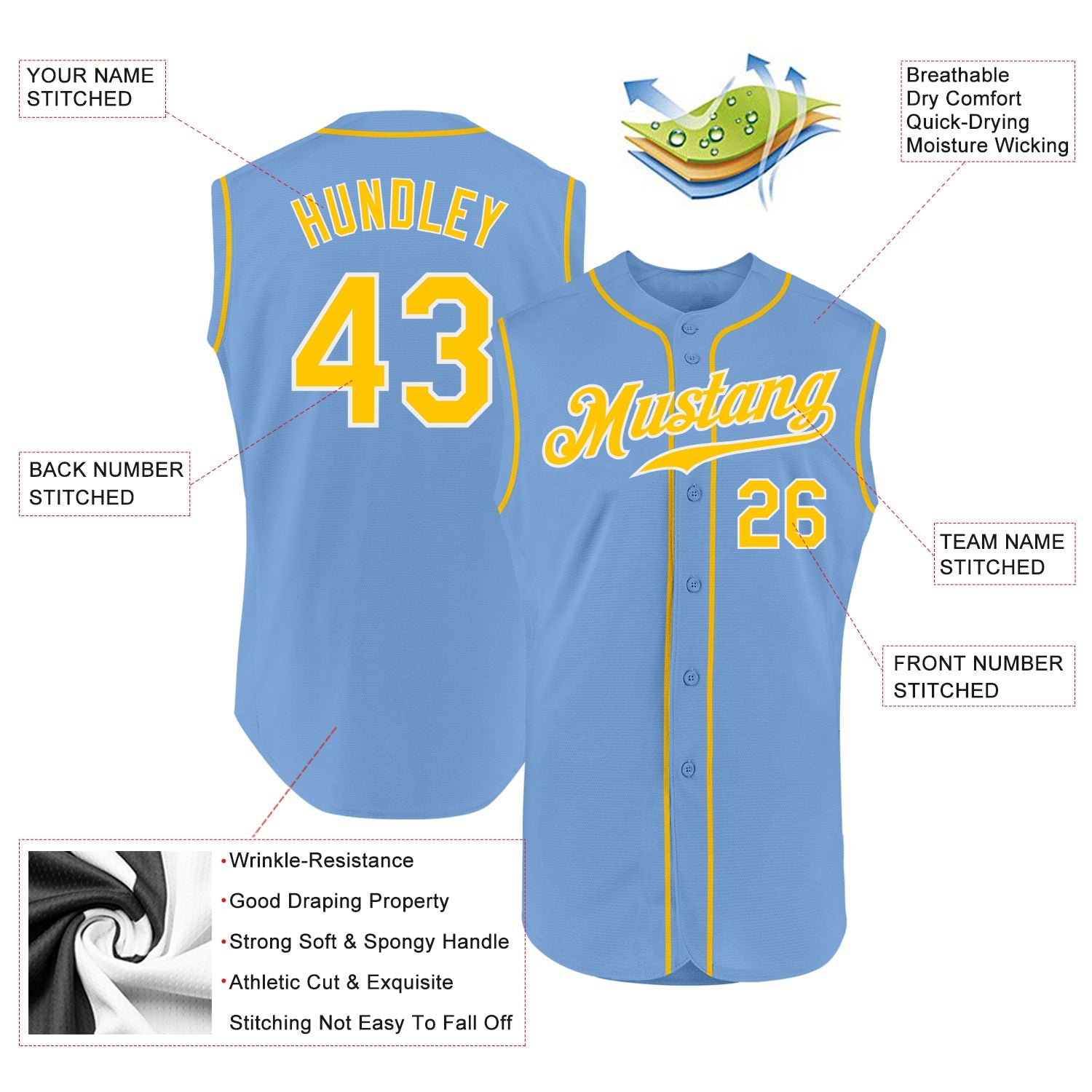 Custom Light Blue Gold-White Authentic Sleeveless Baseball Jersey T-Shirts, Hoodie, Sweatshirt | WearSparks.com (Image 2)