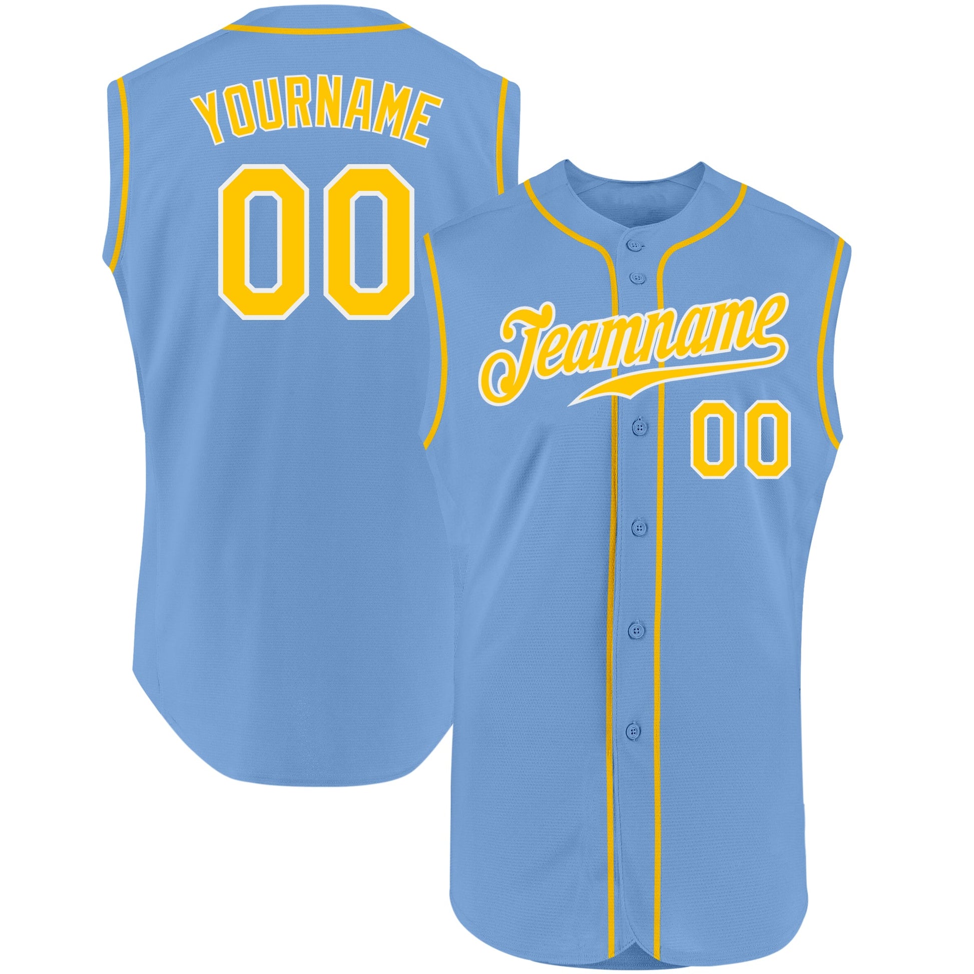 Custom Light Blue Gold-White Authentic Sleeveless Baseball Jersey T-Shirts, Hoodie, Sweatshirt | WearSparks.com (Image 1)