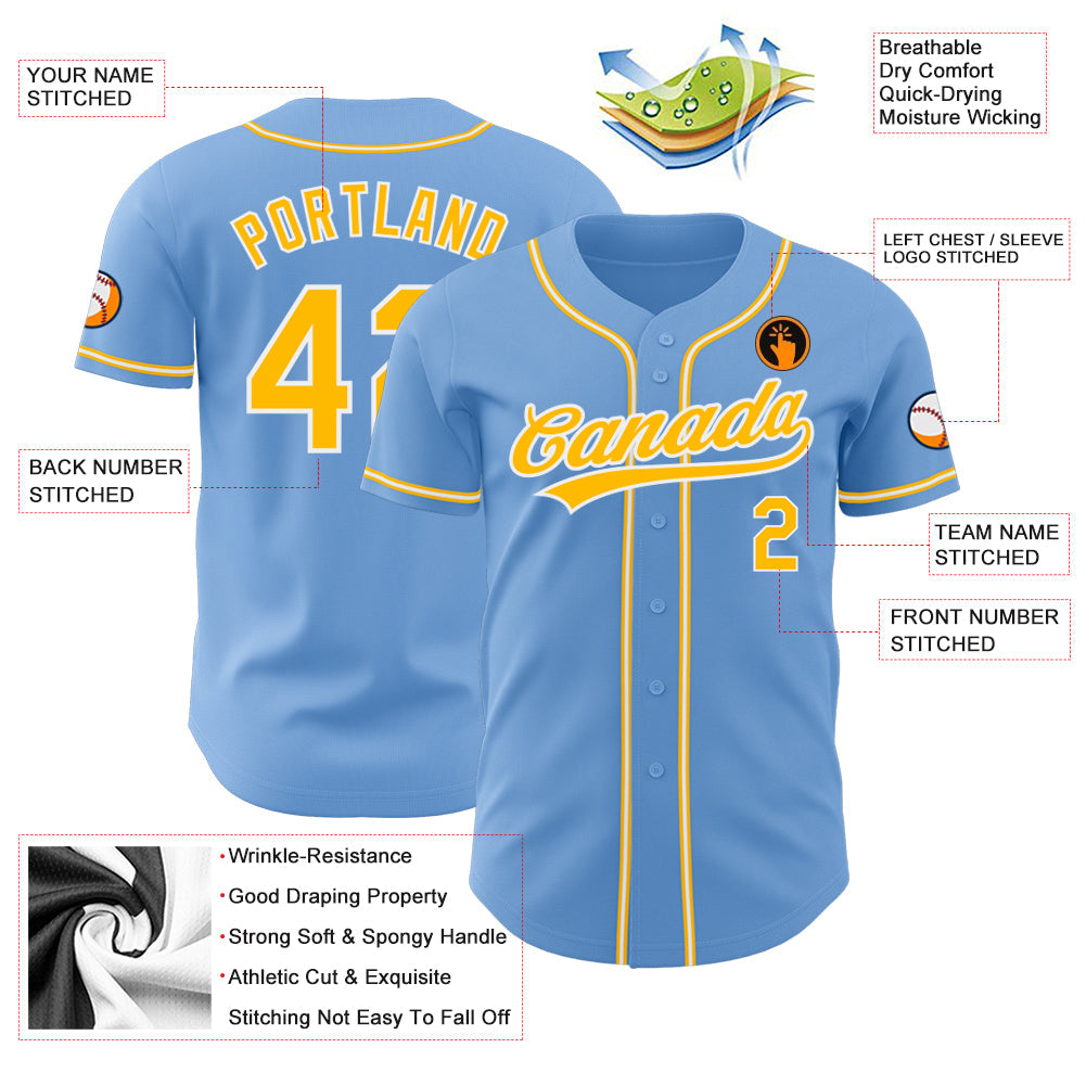 Custom Light Blue Gold-White Authentic Baseball Jersey T-Shirts, Hoodie, Sweatshirt | WearSparks.com (Image 3)