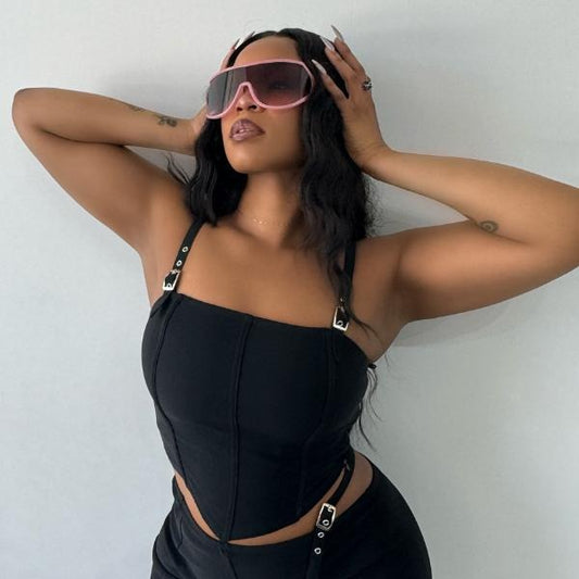 Linked Womens Y2K Crop Top - Sexy Belted Strappy Back Fitted