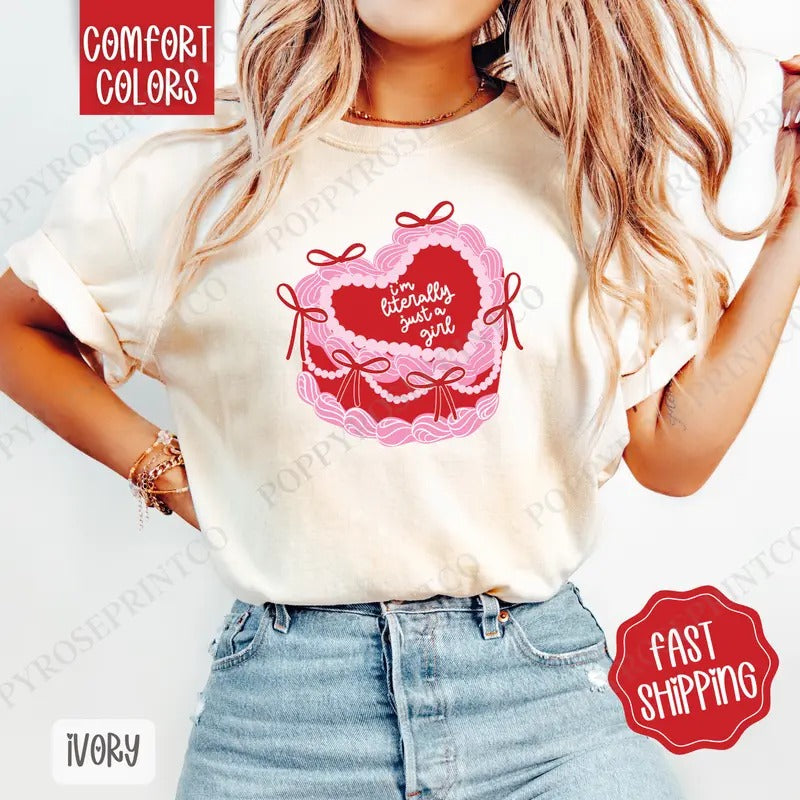 Literally Just a Girl Cake Shirt Comfort Colors, Coquette Cake Women's Tee, Valentine's Day Women's Tshirt