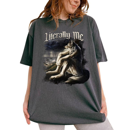 Literally Me Vintage Tee, Sitting Wolf Vintage Graphic Tee Women, Meme Unhinged Shirts, Emo Sigma Silly Animal Mental Health T-shirts, Comfy Oversized Graphic Tee, Unisex Meme Outfits, Women's Tops, Womenswear, Cotton Fabric Relaxed Fit Chic Style