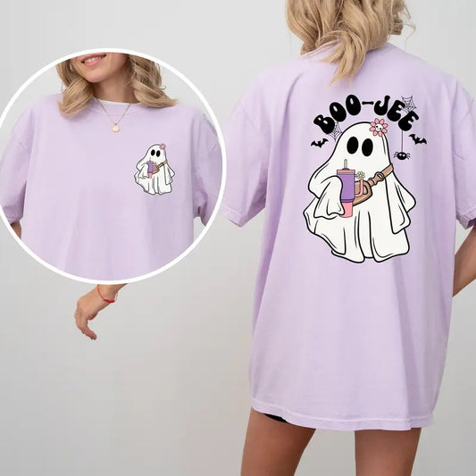 Little Ghost Drinking Boo-Jee Shirt 2-Sided, BooJee Tee, Cute Ghost Shirt for Women, Halloween Ghost Tee, Boo Shirt, Fall Autumn T-shirt for Girls, Spooky Season Sweater, Cute Women's Tops, Fall Casual Womenswear, Comfort Cotton Fabric Relaxed Top