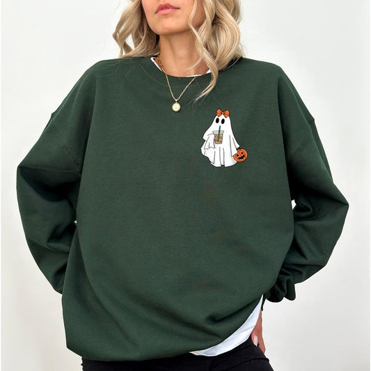 Little Ghost Ice Coffee Sweatshirt, Cute Ghost Crewneck for Women, Halloween Ghost with Coquette Bow Sweater, Fall Autumn Sweatshirt for Girls, Coffee Lover Gift, Cute Women's Tops, Fall Winter Casual Womenswear, Comfort Cotton Fabric Relaxed Top