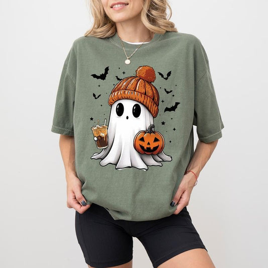 Little Pumpkin Ghost Coffee Shirt, Cute Coffee Ghost Tshirt for Women, Halloween Ghost Tee, Fall Autumn Boo Shirt for Girl, Coffee Lover Gift Shirt, Cute Boo Tees, Spooky Season T-shirt, Fall Women's Tops, Casual Womenswear, Comfort Relaxed Cotton Fabric