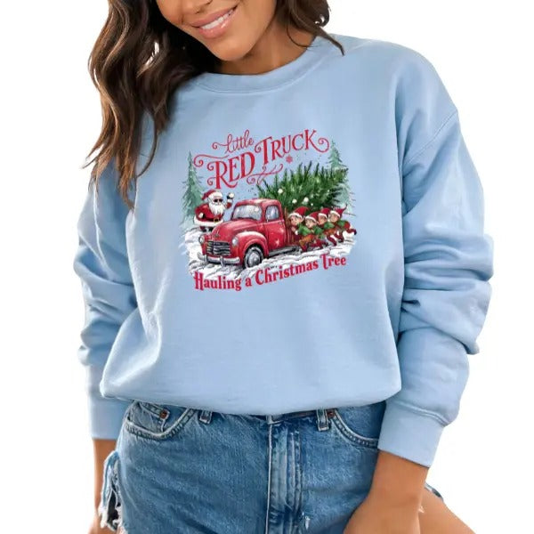 Little Red Truck Hauling Christmas Trees Sweatshirt | Festive Santa & Elves Holiday Graphic | Cozy Christmas Pullover | Unisex | Vintage Holiday Charm