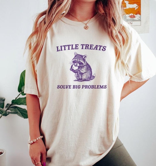 Little Treats Solve Big Problems , Vintage Drawing T Shirt, Raccoon Meme  T-shirt, sweater and Hoodie