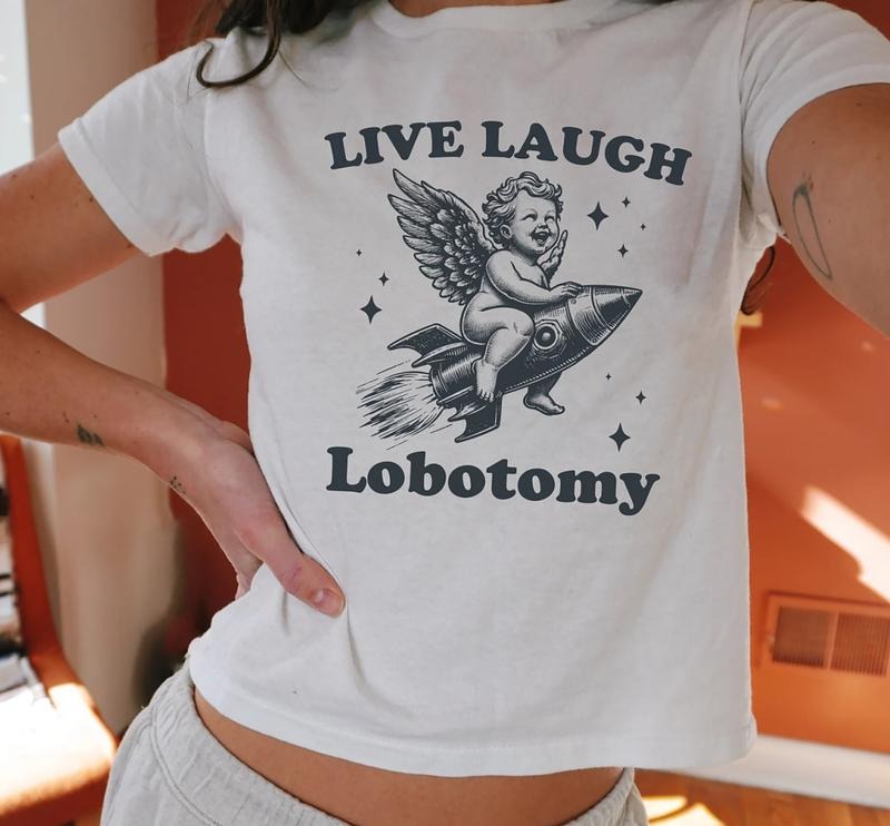 Live Laugh Lobotomy Baby Tee, Baby Angel On A Rocket Shirt, Y2k Aesthetic Baby Tee, Graphic 90s Baby Tee