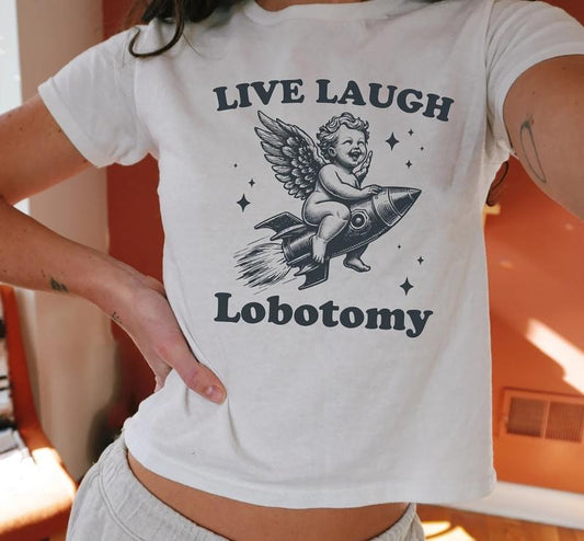 Live Laugh Lobotomy Baby Tee, Baby Angel On A Rocket Shirt, Y2k Aesthetic Baby Tee, Graphic 90s Baby Tee