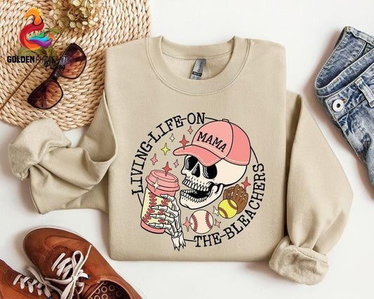 Living Life on the Bleachers Softball Mama Shirt, Baseball Mom Sweatshirt, Sports and Coffee Tee, Skull Shirt, Gift For Mama,Softball Player Cotton Womenswear