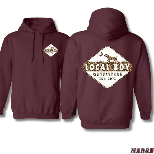 Local Boy Outfitters Hoodie - Camouflage Hunting Dog Design with Camo Logo, Ideal for Outdoor Enthusiasts and Southern Hunters, Unisex Hoodie Offering Comfort and Style, Showcasing Southern Hunting Heritage and the Spirit of the Outdoors Menswear Sweaters