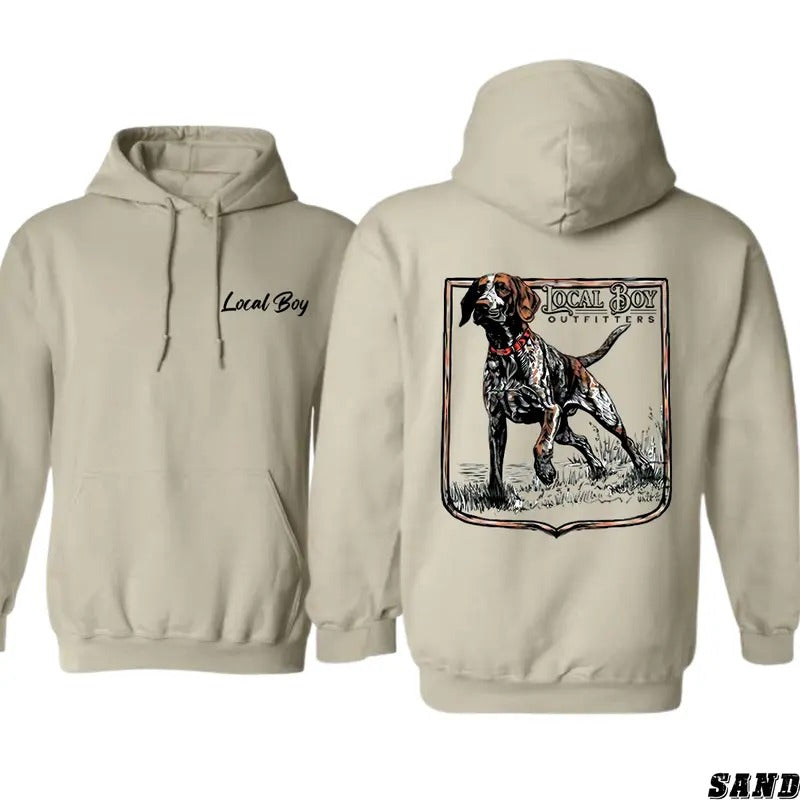 Local Boy Outfitters Hoodie - Stylish Hunting Dog Graphic for Outdoor Enthusiasts, Unisex Hoodie for Adventure and Comfort, Ideal for Hunting Trips and Outdoor Activities