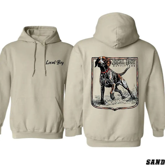 Local Boy Outfitters Hoodie - Stylish Hunting Dog Graphic for Outdoor Enthusiasts, Unisex Hoodie for Adventure and Comfort, Ideal for Hunting Trips and Outdoor Activities