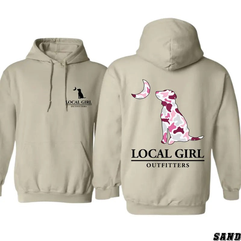Local Girl Outfitters Hoodie - Bold Pink Camo Dog and Moon Design, Perfect for Outdoor and Nature-Loving Girls, Unisex Hoodie Offering Comfort and Style for Everyday Wear, Showcasing Southern Pride and a Love for the Outdoors Womenswear Sweaters