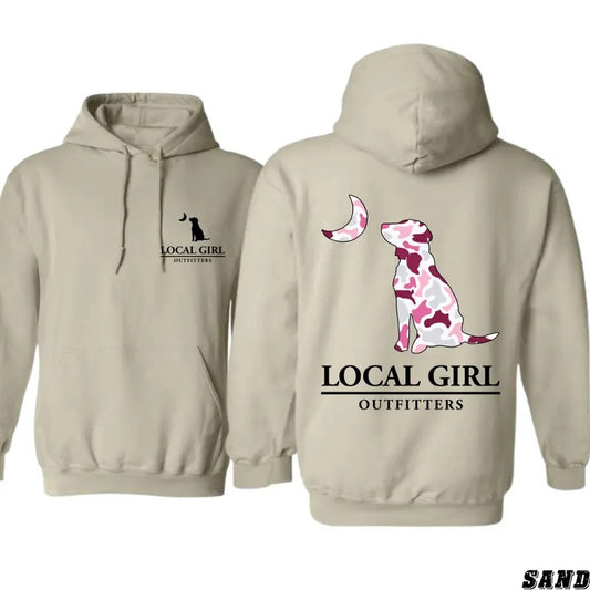 Local Girl Outfitters Hoodie - Bold Pink Camo Dog and Moon Design, Perfect for Outdoor and Nature-Loving Girls, Unisex Hoodie Offering Comfort and Style for Everyday Wear, Showcasing Southern Pride and a Love for the Outdoors Womenswear Sweaters