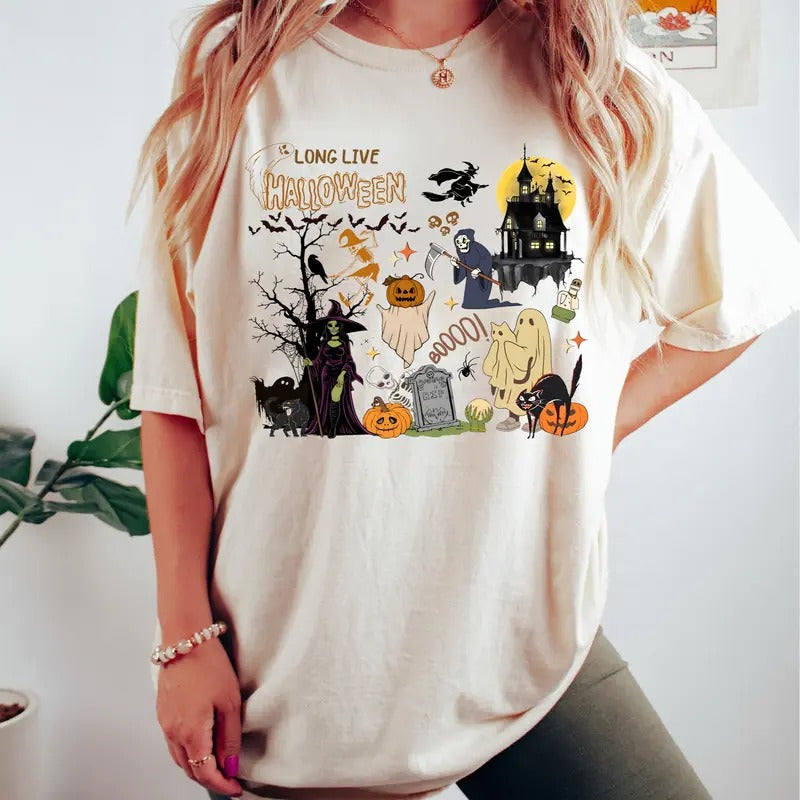 Long Live Halloween Shirt, Vintage Halloween Shirt, Black Cat Halloween Shirt, Ghost Shirt, Pumpkin Face, Fall Autumn...