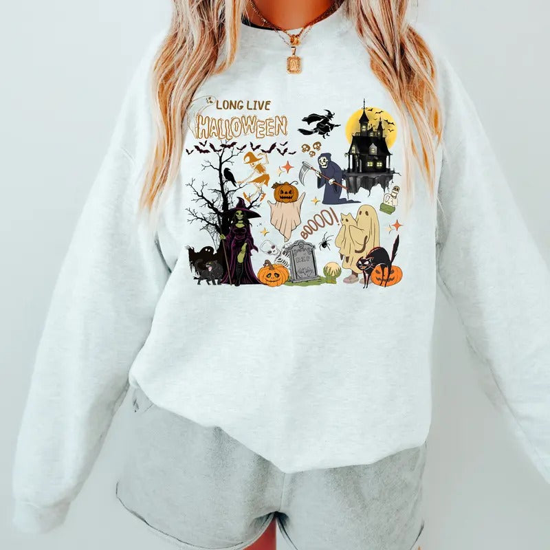 Long Live Halloween Sweatshirt, Retro Halloween Shirt, Vintage Halloween Shirt, Black Cat Halloween Shirt, Ghost Shirt, Pumpkin Face, Fall Apparel, Spooky Season Pumpkin Sweatshirt