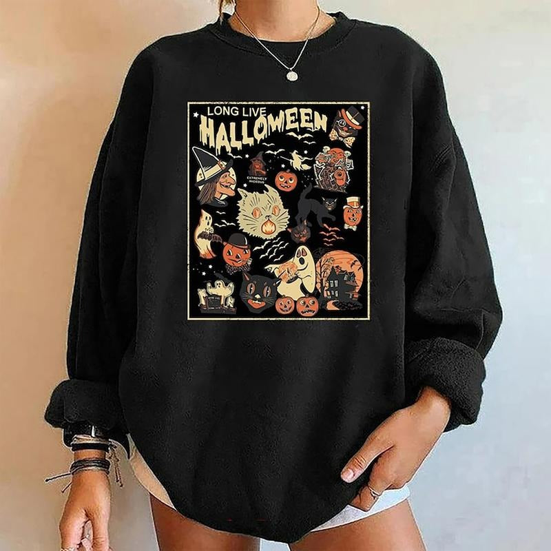 Long Live Halloween Sweatshirt, Vintage Long Live Halloween Shirt, Halloween Black Cat, Spooky Season Tee, 90s Halloween, Womens Crewneck Sweatshirt