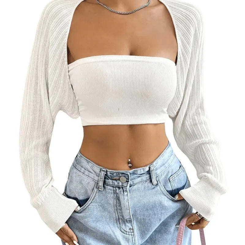Long Sleeve Open Front Crop Cardigan Drop Shoulder Bolero Shrug Lightweight Sweater