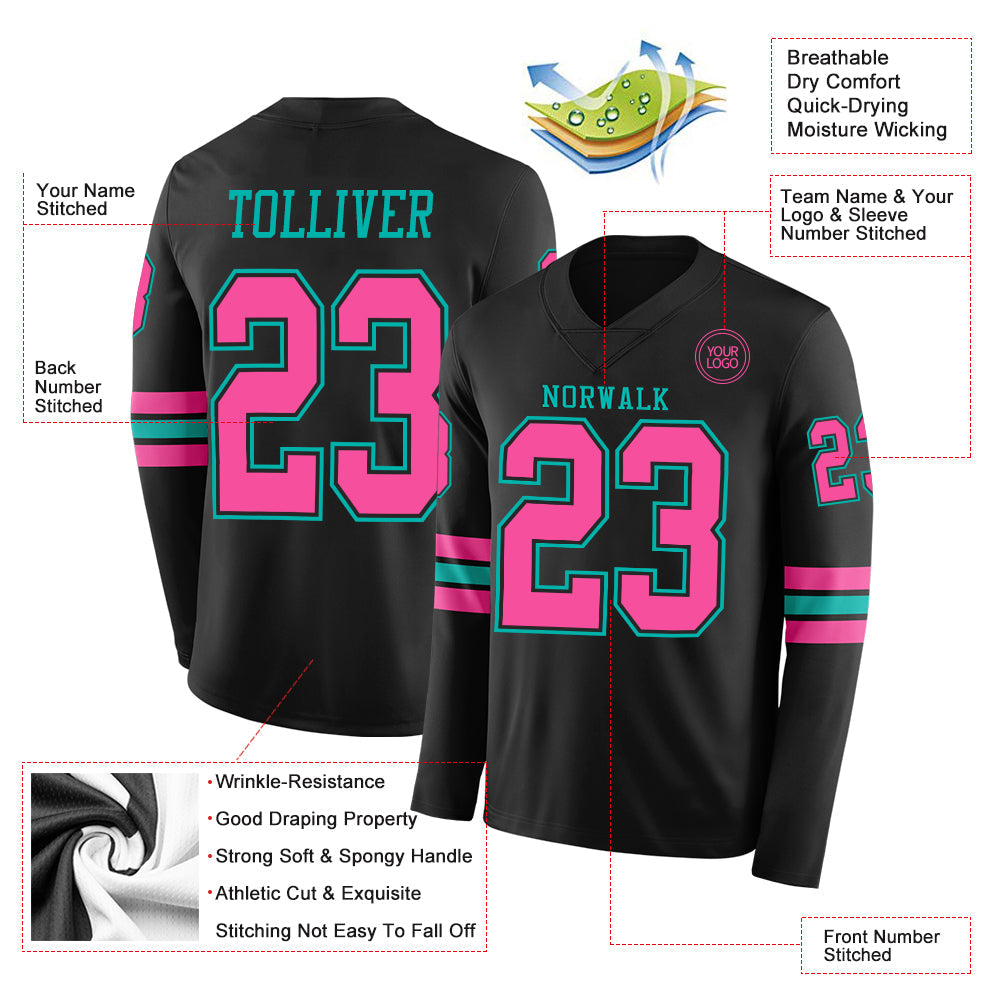 Custom Black Pink-Aqua Long Sleeve Authentic Football Jersey T-Shirts, Hoodie, Sweatshirt | WearSparks.com (Image 2)