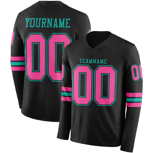 Custom Black Pink-Aqua Long Sleeve Authentic Football Jersey T-Shirts, Hoodie, Sweatshirt | WearSparks.com (Image 1)