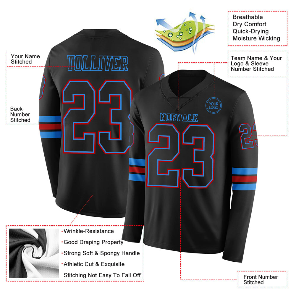 Custom Black Powder Blue-Red Long Sleeve Authentic Football Jersey T-Shirts, Hoodie, Sweatshirt | WearSparks.com (Image 2)