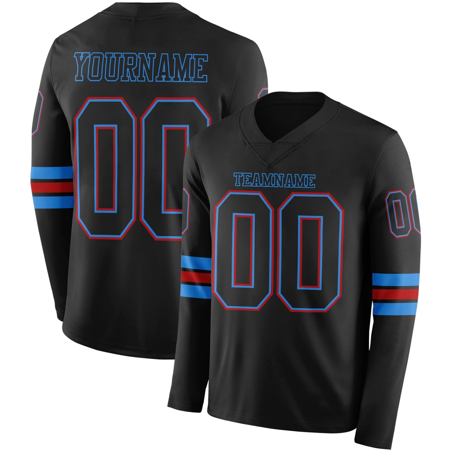 Custom Black Powder Blue-Red Long Sleeve Authentic Football Jersey T-Shirts, Hoodie, Sweatshirt | WearSparks.com (Image 1)