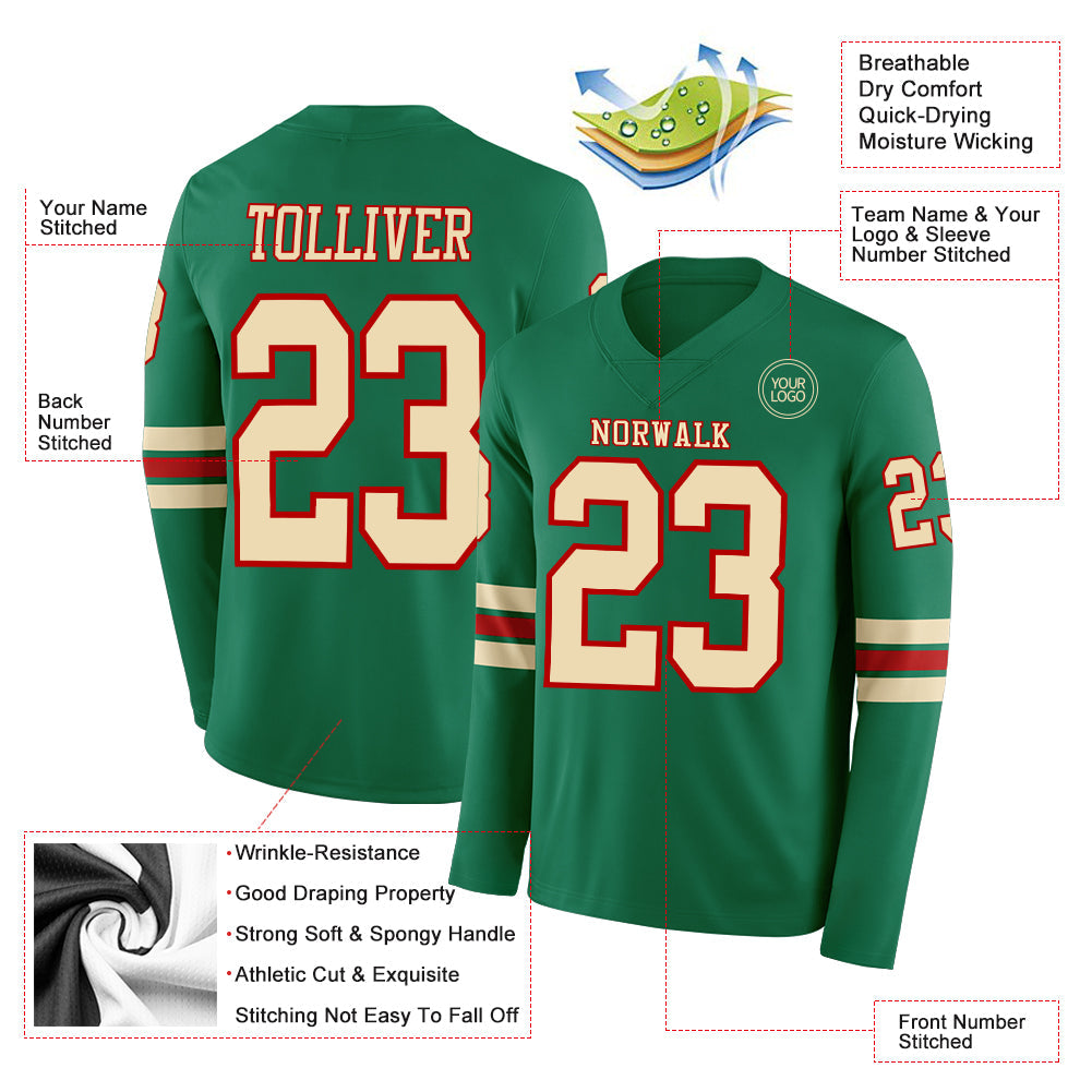 Custom Kelly Green Cream-Red Long Sleeve Authentic Football Jersey T-Shirts, Hoodie, Sweatshirt | WearSparks.com (Image 2)