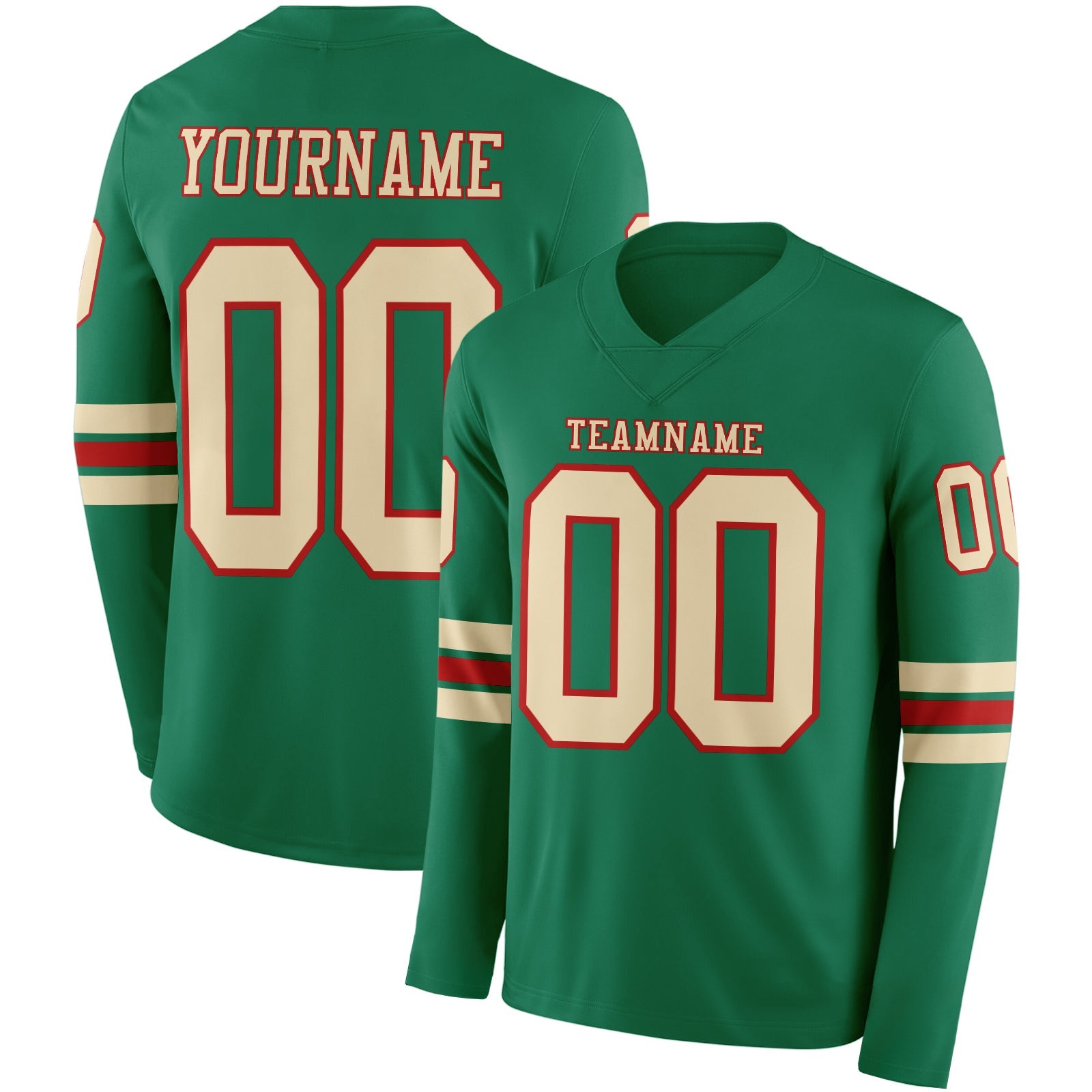 Custom Kelly Green Cream-Red Long Sleeve Authentic Football Jersey T-Shirts, Hoodie, Sweatshirt | WearSparks.com (Image 1)