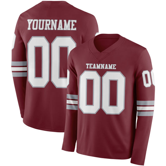 Custom Burgundy White-Gray Long Sleeve Authentic Football Jersey T-Shirts, Hoodie, Sweatshirt | WearSparks.com (Image 1)