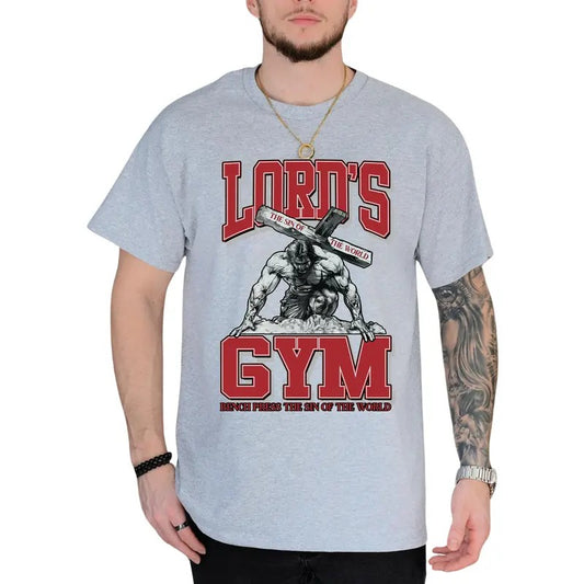 Lord's Gym Vintage 90s Graphic Shirt, Jesus Pump Cover Shirt, Bench Press The Sin Of The World, Aesthetic Christian Tee, Retro Gymer Tops, Jesus Apparel, Work Out Outfit, Comfort Cotton Tee, Casual Men's Tops, Oversized Menswear, Relaxed Fit Chic Style