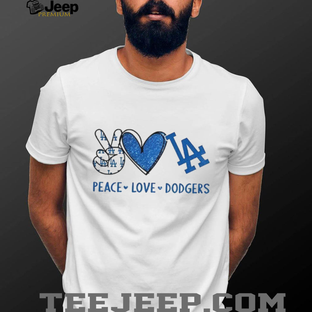 Los Angeles Dodgers Peace Love Dodgers MLB Baseball Blue Sparkle T Shirt
