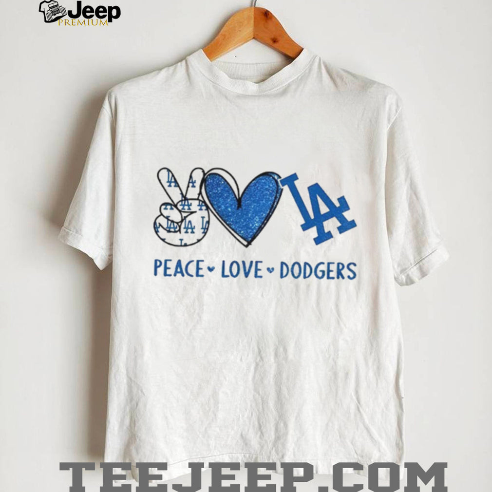 Los Angeles Dodgers Peace Love Dodgers MLB Baseball Blue Sparkle T Shirt